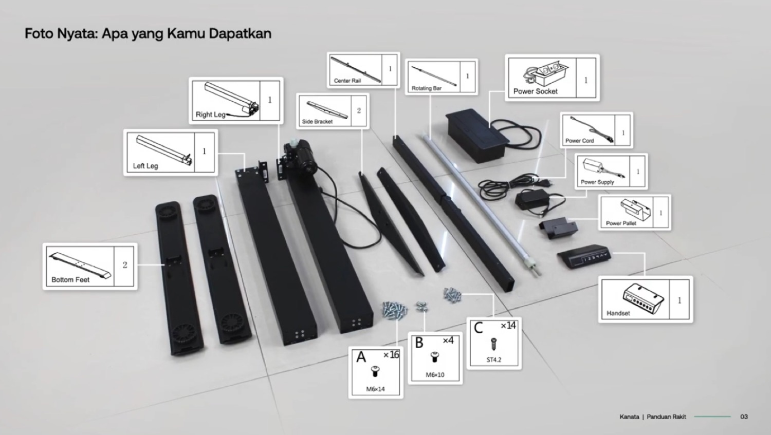 All Kanata standing desk parts laid out
